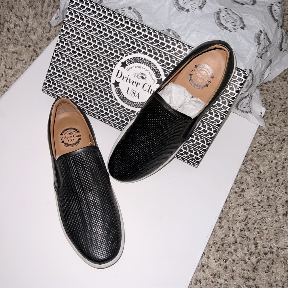 Driver Club USA 100% Leather Maui Slip On Sneakers Black-Blue NEW - Picture 2 of 7